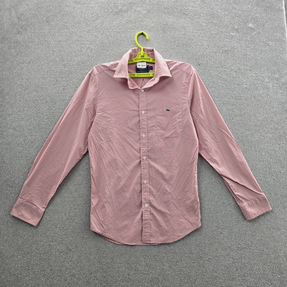 Vineyard Vines Men Button Up Shirt S Red Nylon Spandex Embroidered Check Whale